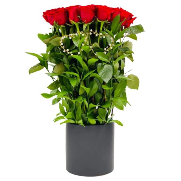 3 Dozen Red Roses In A Black Ceramic Vase